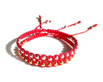 Red string bracelet braided with gold-filled beads Handmade