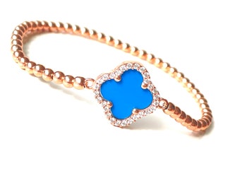 Lucky four-leaf clover bracelet in rose gold plated silver and sparkling cubic zirconia for wrist size 6 to 7 inch plus enjoy free shipping