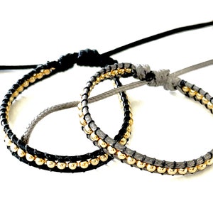 Black and Grey Wax Cord Fancy Bracelets with Gold-filled Beads for Women  Adjustable size fit wrist size 5inch to 7inch safe to get wet Handmade By Lucky Charms USA