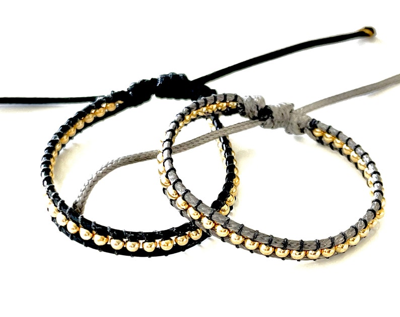 Black and Grey Wax Cord Fancy Bracelets with Gold-filled Beads for Women  Adjustable size fit wrist size 5inch to 7inch safe to get wet Handmade By Lucky Charms USA
