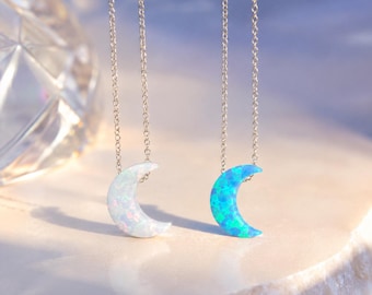 Dainty Moon Opal Necklace: Sterling Silver Crescent Jewelry Gift