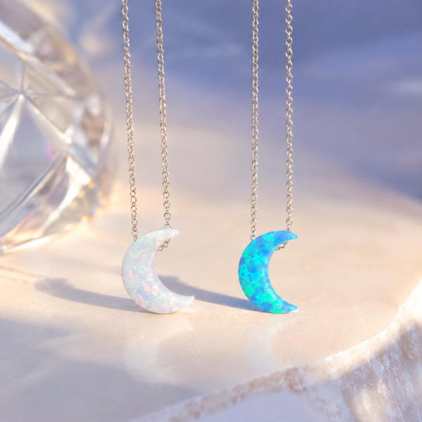 Dainty Moon Opal Necklace: Sterling Silver Crescent Jewelry Gift