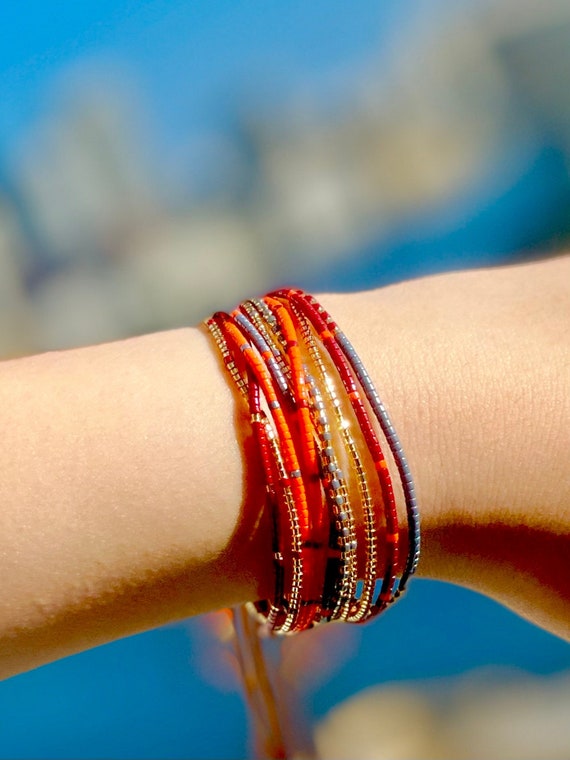 Multi layered Miyuki Handmade Beaded Bracelet Red Turquoise Gold