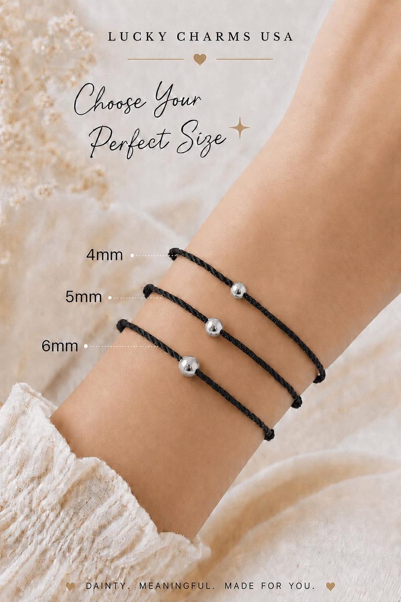 Lucky Charms USA black twisted cord bracelets with polished sterling silver beads in 4 mm, 5 mm and 6 mm size options.