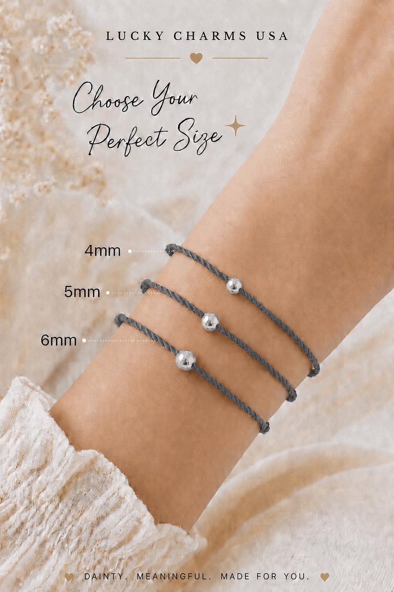 Lucky Charms USA slate gray twisted cord bracelets with polished sterling silver beads in 4 mm, 5 mm and 6 mm size options.