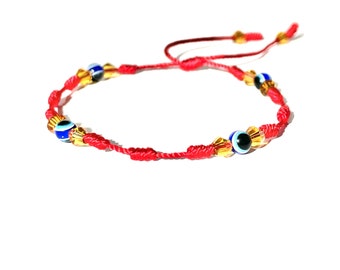 Evil eye red string bracelet with golden crystals handmade protective gifts by Lucky Charms USA