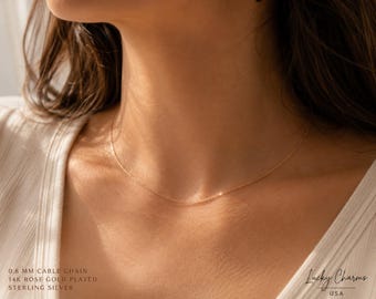 Rose Gold Cable Chain Necklace, Dainty 14k Plated Sterling Silver, Choose Your Length, 16", 18", 20", 22", 24"