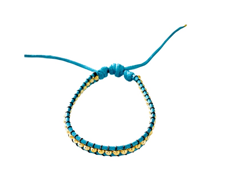 Turquoise Wax Cord Fancy Bracelets with Gold-filled Beads for Women Adjustable size fit wrist size 5inch to 7inch safe to get wet Handmade By Lucky Charms USA
