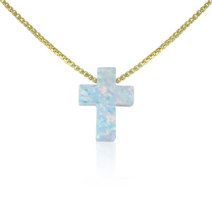 white opal cross pendant necklace on a gold-filled box chain, handmade cross gifts for her by lucky Charms USA