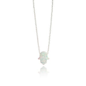 white opal hamsa hand of Fatima pendant necklace sterling silver chain lengths 14inch 15inch 16inch 17inch 18inch 20inch 22inch 24inch Safe to get wet Handmade-Fatima-hand-gift by Lucky Charms USA
collar opalo mano de fatima