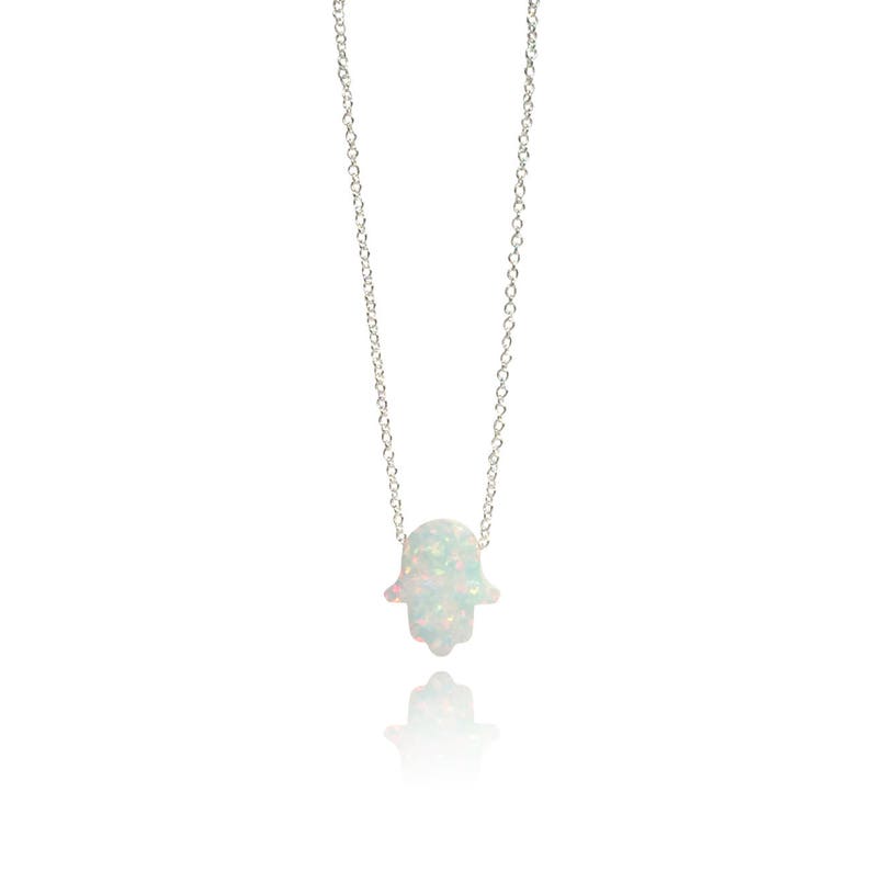 white opal hamsa hand of Fatima pendant necklace sterling silver chain lengths 14inch 15inch 16inch 17inch 18inch 20inch 22inch 24inch Safe to get wet Handmade-Fatima-hand-gift by Lucky Charms USA
collar opalo mano de fatima