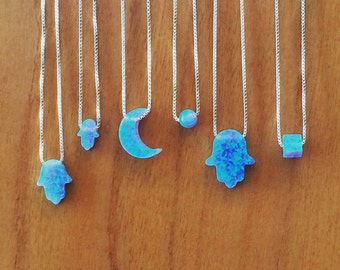 Opal Necklaces in Opal Moon, Hamsa, Bead Ball, Cube, Star, and Opal Heart