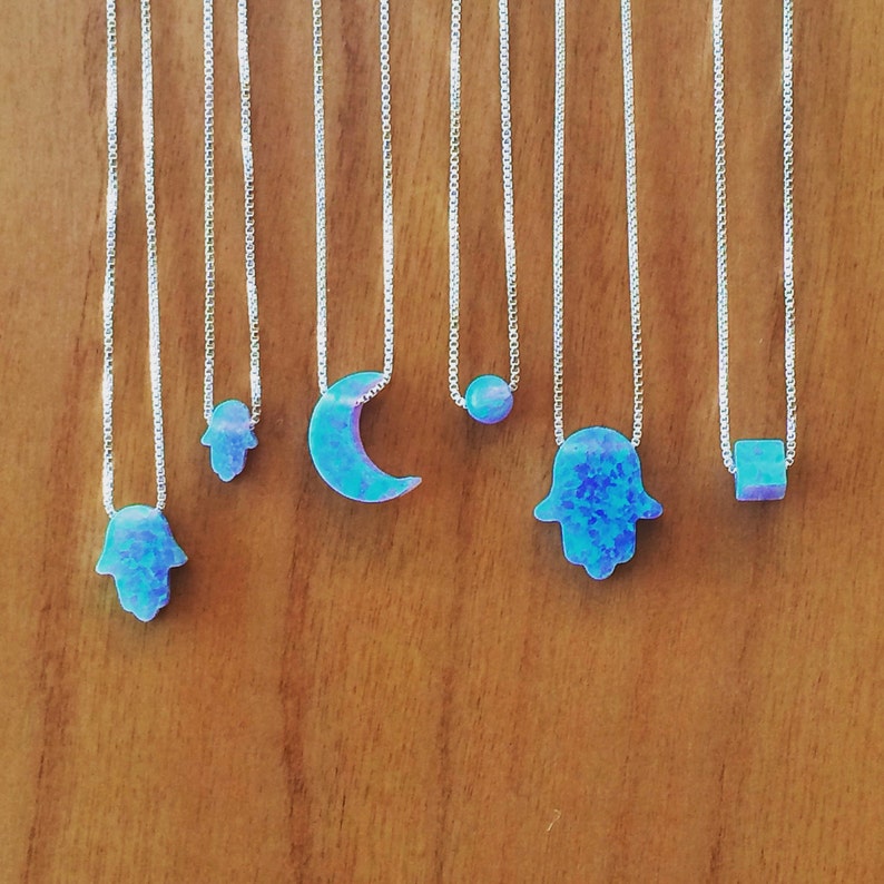 Opal Necklaces in Opal Moon, Hamsa, Bead Ball, Cube, Star, and Opal Heart 