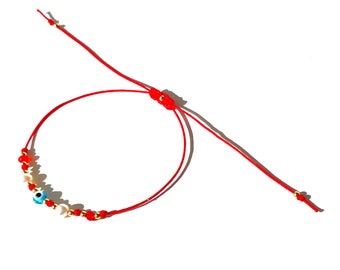 Dainty bracelet gold filled beads pearl red crystals evil eye on thin red string Perfect gift for her, Everyday wear delicate fine bracelet