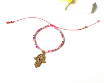 Hamsa bracelet with evil eye colorful seed beads pink gold-filled cute gift for girl handmade by Lucky Charms USA