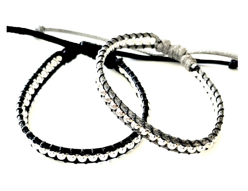 Grey and Black Wax Cord Fancy Bracelets with Sterling Silver Beads for Women in Adjustable size fit wrist size 5inch to 7inch safe to get wet Handmade By Lucky Charms USA