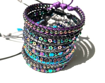 Wax cord iridescent hematite beads bracelets handmade-bracelet gift for her by Lucky Charms USA