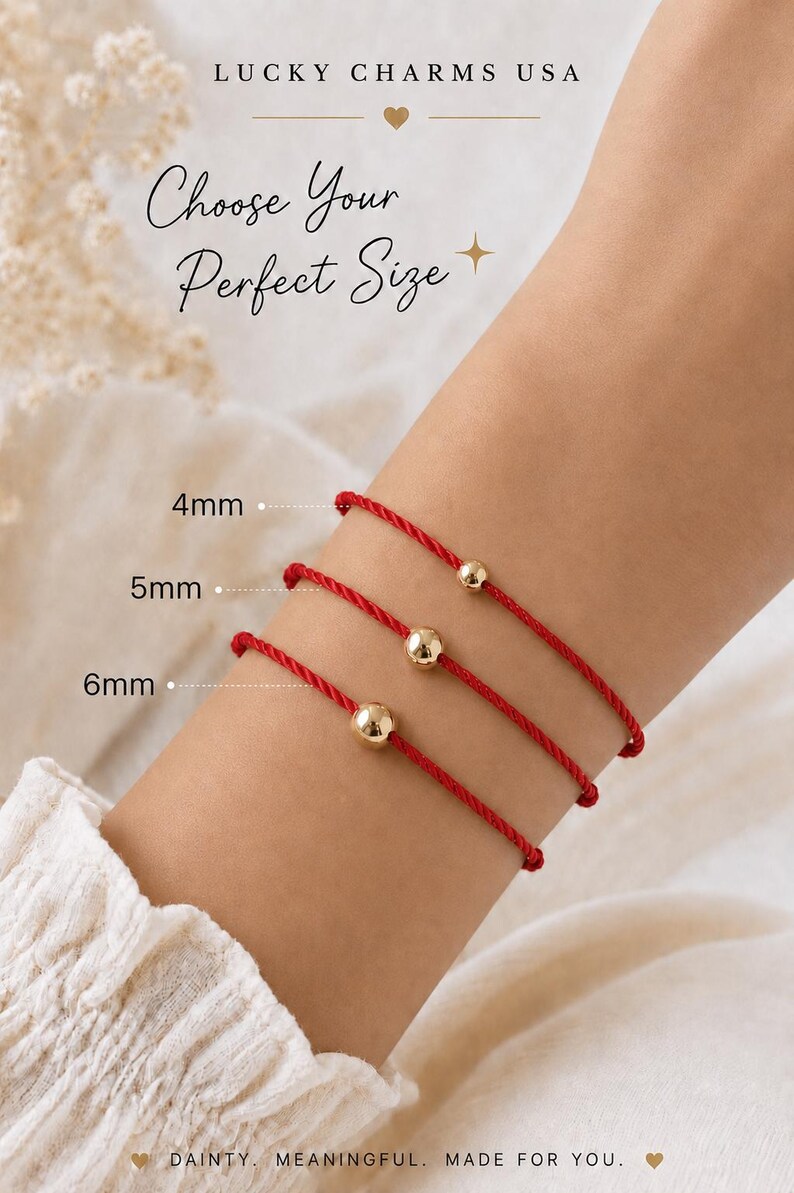 Lucky Charms USA red twisted cord bracelets with 4 mm, 5 mm, and 6 mm 14k gold-filled bead size options shown on a woman’s wrist.