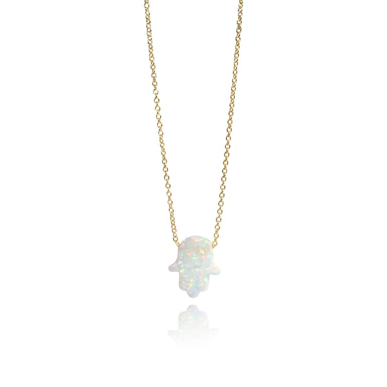 white opal hamsa hand pendant necklace gold-filled chain lengths 14inch 15inch 16inch 17inch 18inch 20inch 22inch 24inch Safe to get wet Handmade-opal-gifts by Lucky Charms USA
collar opalo mano de fatima