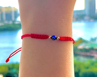 Blue evil eye half-macramé red bracelet