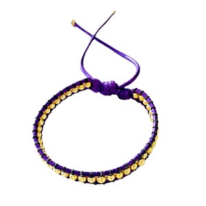 Purple Wax Cord Fancy Bracelets with Gold-filled Beads for Women Adjustable size fit wrist size 5inch to 7inch safe to get wet Handmade By Lucky Charms USA