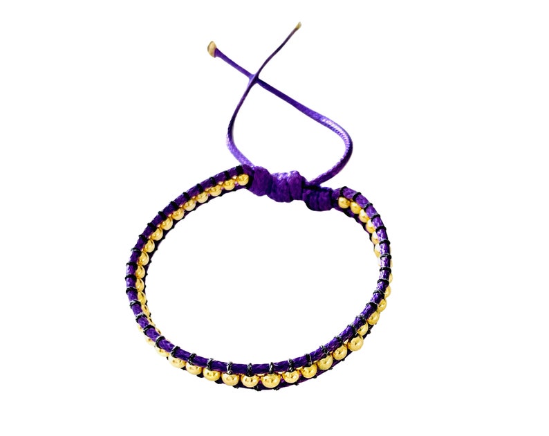 Purple Wax Cord Fancy Bracelets with Gold-filled Beads for Women Adjustable size fit wrist size 5inch to 7inch safe to get wet Handmade By Lucky Charms USA