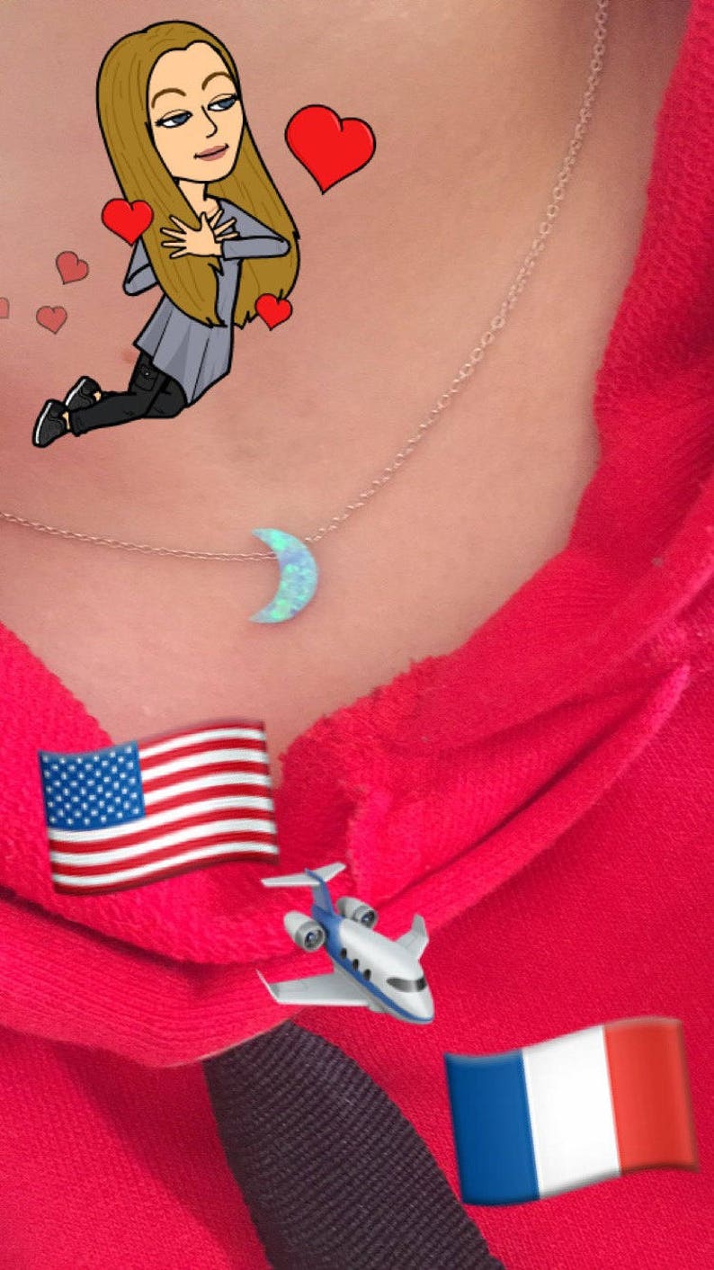 Model Girl From Paris Showing Blue Moon Necklace On Neck opal moon-gift by Lucky Charms USA