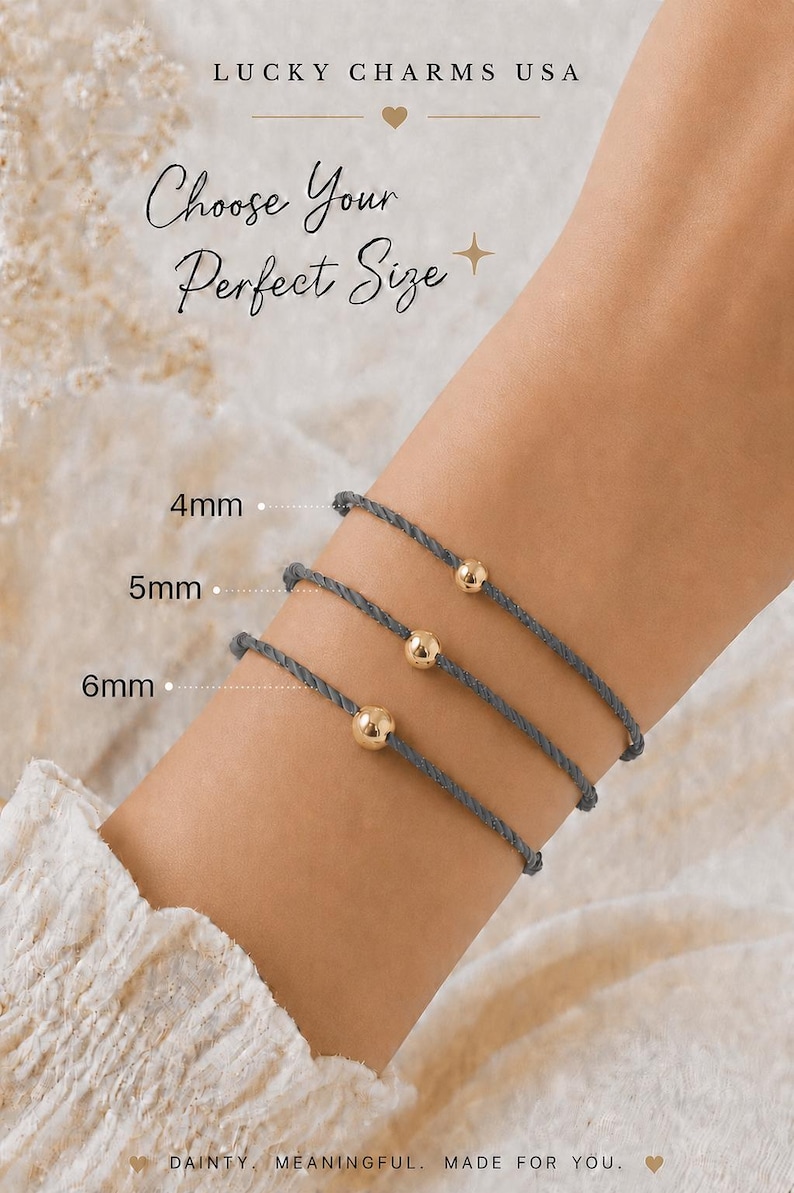 Lucky Charms USA slate gray twisted cord bracelets with polished gold beads in 4 mm, 5 mm and 6 mm size options.