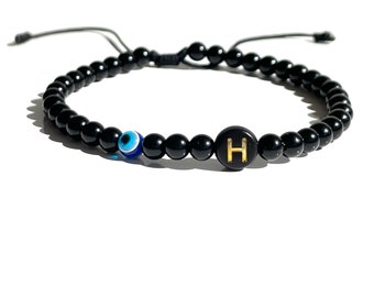 Men's initial Letter bracelet black onyx and evil eye protection handmade-personalized-gifts by Lucky Charms USA