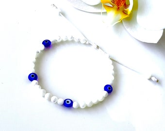 Evil eye selenite crystal beaded white string bracelet for calm grounded protection