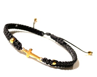 Divine cross guardian bracelet on black string and gold-filled cross for an elegant look