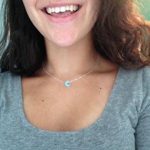 Model Girl Smiling Showing Blue Moon Choker Necklace On Neck blue moon-necklace-gift by Lucky Charms USA