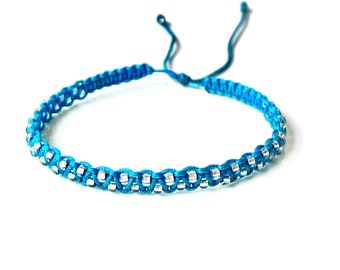 Blue seed beaded bracelet with silver miyuki beads adjustable waterproof fit wrist size 5 to 7 inch handmade gift for girl and free shipping