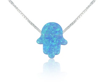 Blue Opal Hamsa Necklace • Best Seller Opal Hamsa Necklace on Etsy • 2 Chain Styles • 6 Lengths • The Opal Hamsa Necklace is Safe to Get Wet