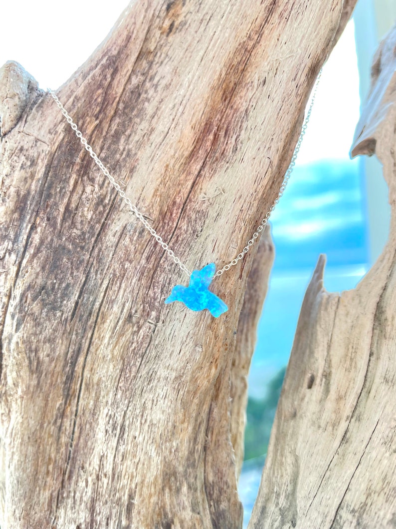 Hummingbird pendant necklace from sky blue lab opal pendant on dainty cable chain in sterling silver or gold-filled for women and girls custom-made lengths and made to order in USA by Lucky Charms USA