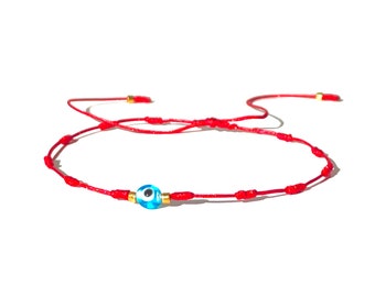 Evil Eye Red Bracelet with a tiny and cute glass evil eye charm and golden miyuki beads, for a cute handmade protection from whatever