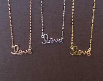Love Necklace, Sterling Silver, Gold-filled, Bridesmaid wedding Necklace