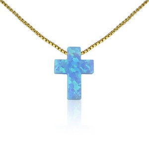 light blue opal cross pendant necklace on a gold-filled box chain, handmade First Holy Communion gifts for her by lucky Charms USA