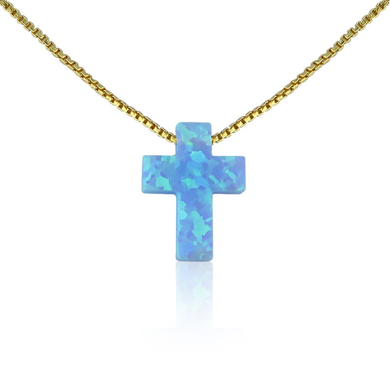 light blue opal cross pendant necklace on a gold-filled box chain, handmade First Holy Communion gifts for her by lucky Charms USA