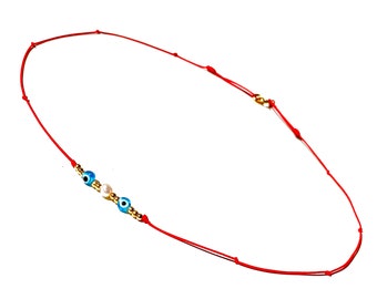 Dainty red string choker necklace with evil eyes pearl and gold-filled balls