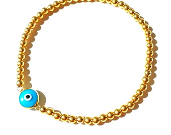 Evil eye beaded bracelet with gold-dilled balls for wrist size 6 - 7 inch safe to get wet plus enjoy free shipping in USA