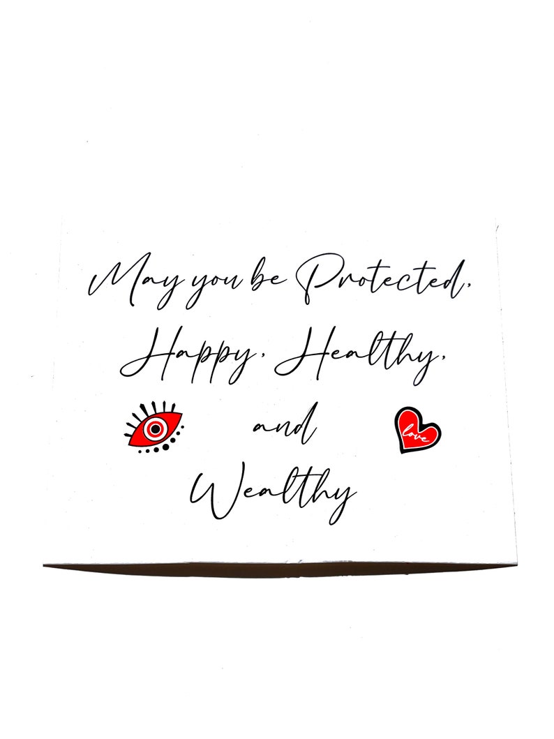 Lucky Charms USA Beautiful  Blessing Card with Heart and Evil Eye Design in White, Black, Red Colors that reads: May You Be Protected, Happy Healthy, And Wealthy.