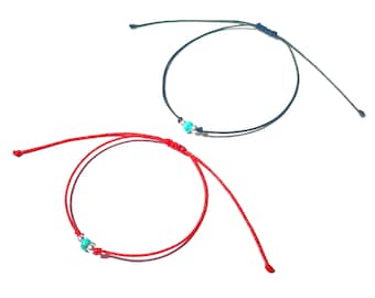 Turquoise dainty string bracelet in red or black cord and sterling silver accent balls