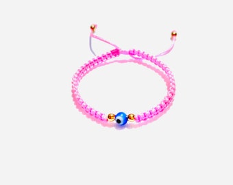 Handbraided Evil eye Bracelet in Pink String and Blue Evil Eye Charm for Protection Good Vibes for the whole Family, Handmade by hand gifts