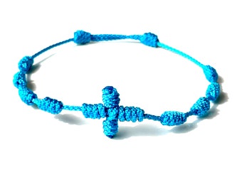 10 knots decenario rosary bracelet with cross in turquoise color string for protection and good-luck