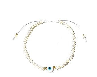 Evil eye and white pearls bracelet with 14k gold beads, Handmade
