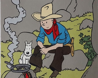 Tintín y Milou (Nevado) Pintura, Pintura cómica de Tintín, Pintura 8x11