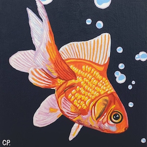 Goldfish Painting, Japanese Fish Painting, Original Sea Animal Painting, Kitchen Art, Orange and Blue, 6x6 Inches Canvas, Pet Painting