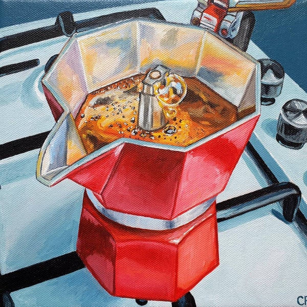 Coffee Painting, Moka Pot Painting, Original Still Life Acrylic Painting, Kitchen Art, Coffee Lovers, Coffee Art, 8x8 Inches Canvas, Mokapot