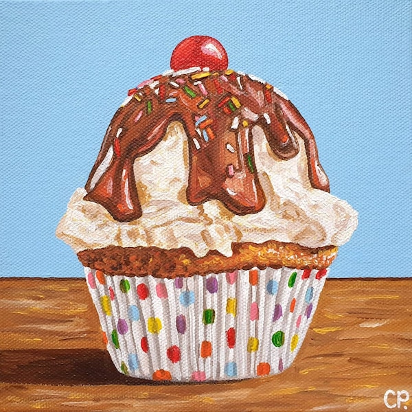 Peinture cupcake coupe glacée, nature morte originale, art de la cuisine, cupcake confettis, nourriture, peinture dessert, toile de 6 x 6 pouces